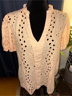 Women's Peach Eyelet V-Neck Top 100% Cotton
